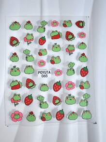 1pc Cute Cartoon Frog Nail Art Stickers, Self-Adhesive Plastic Nail Decals With Frog, Leaves, Strawberry, Flower Designs, Glossy Surface, Asymmetrical Shapes, Disposable DIY Nail Salon Supplies For Women