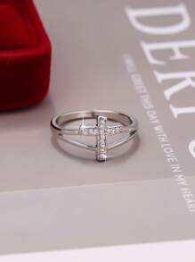 1pc Elegant & Geometric Cross & Heart Zirconia Ring, Suitable For Women/Men, Couples, Valentine's Day Gift, Daily Outfit, Party Accessory