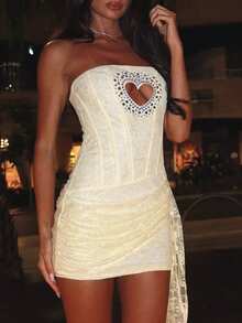 Lace Strapless Mini Dress, Heart Hollow Design With Rhinestones | Sexy & Charming, Suitable For Nightclub, Valentine's Day Date, And Birthday Party - Cream Yellow - View 1