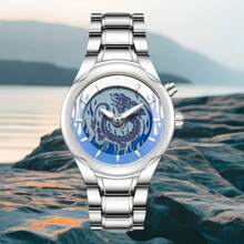 1 Stück Modische Herrenuhr - Retro Drachenmuster Zifferblatt, Zinklegierungs-Armband, Zeiger Fließen, exklusives Geschenk für ihn, passend für Männer jeden Alters und verschiedene Anlässe
