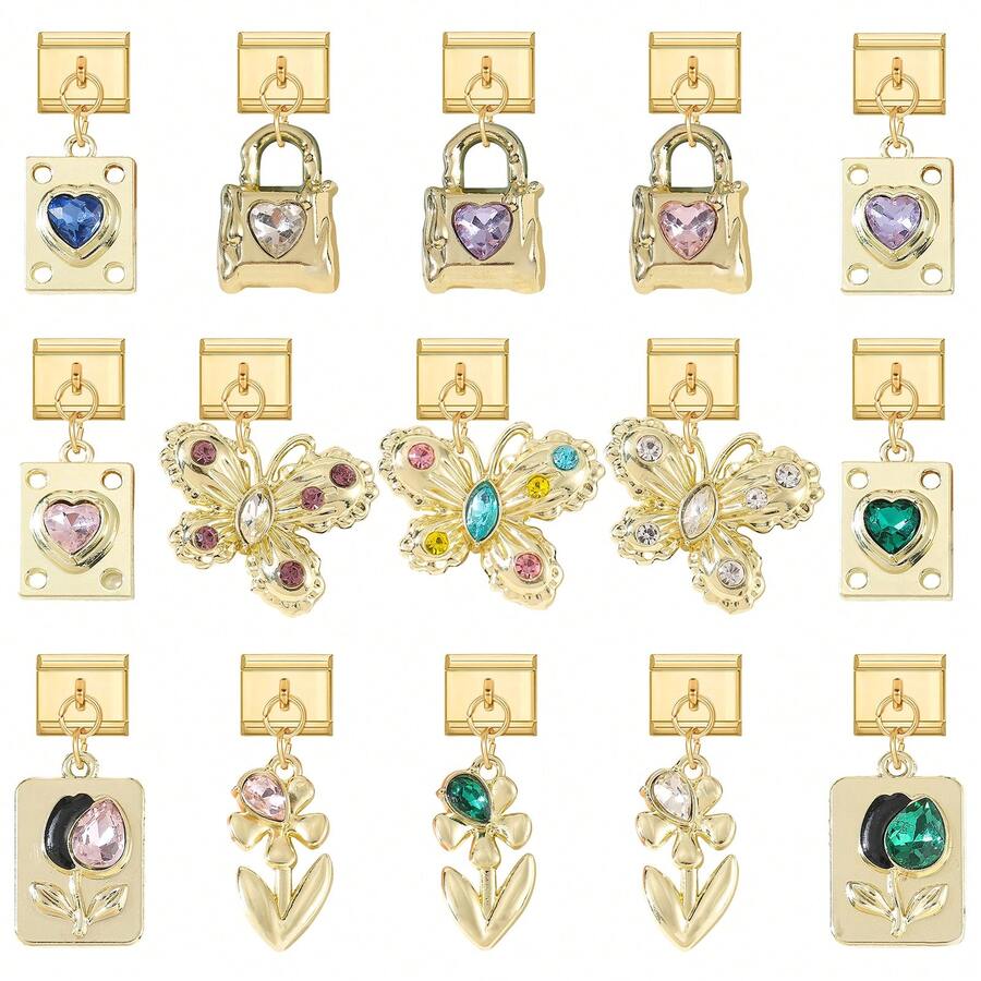 1件吊坠式DIY模块化互扣手链，饰有蝴蝶、爱心、花朵、星座元素，适合作为派对礼物送给朋友/情侣，适用于圣诞节、新年、万圣节、情人节等场合，设计精美，不锈钢材质，本地制造，实用时尚，圣诞节和万圣节必备单品，沉稳的秋日色调，圣诞风格