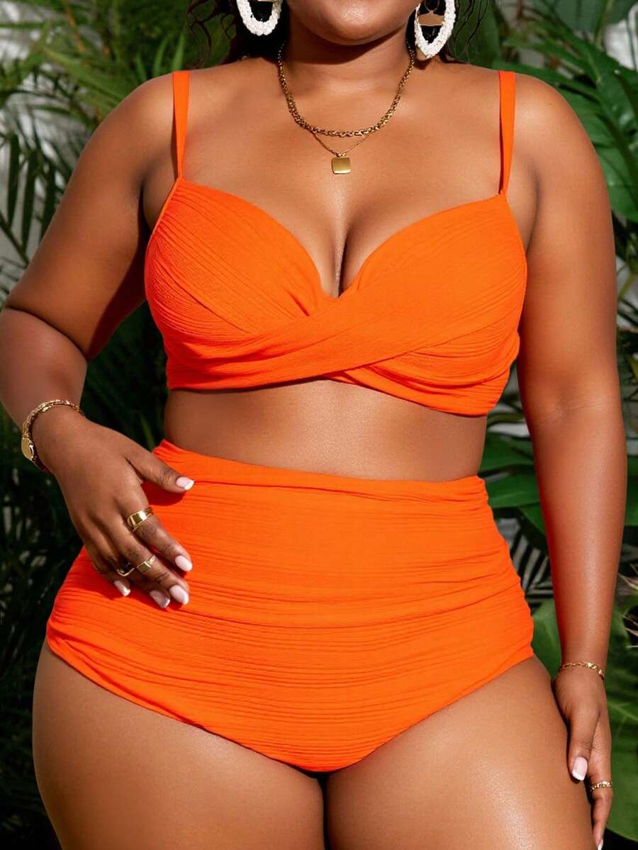 Slaydiva 2 bộ đồ bơi dây rút màu trơn cỡ lớn cho nữ, bộ bikini phong cách tối giản thời trang cho kỳ nghỉ - trái cam - Xem 1