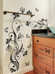 1pc Black Vine Flower & Butterfly Fridge Decoration Sticker, Stickers, Wall Decal, Vinly Decal For Home Decorations, Spring Decoration Items Refresh Your Home, Festival Decoration Stickers Gifts Birthday Graduation