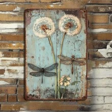 [Rustic Wooden Dandelion Wall Sign] Rustic Wooden Dragonfly And Dandelion Wall Art, 8x12 Inches - Antique Metal Decorative Sign With 3D Insects, Farmhouse Style For Kitchens And Cafes