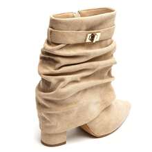 Women's Solid Color Pointed Toe Zipper Mid-Calf Boots With Buckle - Beige - View 5