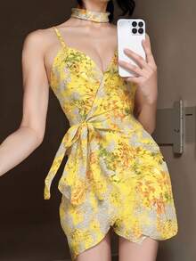 1 pieza Elegante vestido ajustado con estampado floral amarillo sexy, disfraz de Halloween/Navidad para el escenario