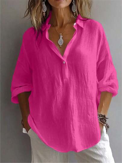 Koszula damska Plus w jednolitym kolorze, codzienna, swobodna, z długim rękawem, rękawami biskupimi, kołnierzykiem koszulowym, regularna, codzienna, patchworkowa, guziki