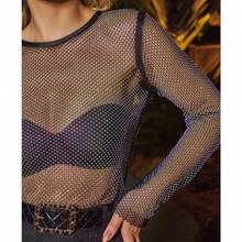 Cropped Long Sleeve Shiny Rhinestone Transparent High Quality Screen With Application