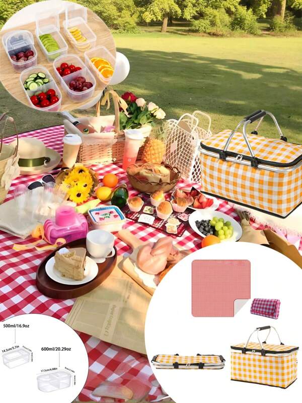 Picknick-Korb und Matte Kombinations-Set mit faltbarem Design, inklusive kompaktem Aufbewahrungskorb und wiederverwendbarer Picknick-Matte, geeignet für Outdoor-Aktivitäten wie Camping, Strand, Reisen, leicht zu tragen, platzsparend, passend für Familien-Picknicks und Outdoor-Dining, Sommerlager, Festivals