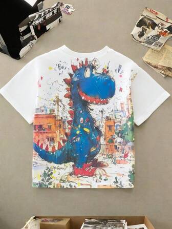 Summer Kids T-Shirt, Boys Thin Tee Cartoon Dinosaur 100% Cotton White Short Sleeve Tops, Toddler & Children
