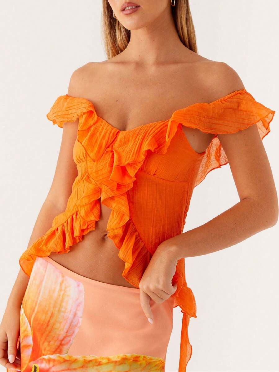 Women Y2k Frill Trim Off Shoulder Tank Top Low Cut Sleeveless Irregular Ruffle Tassel Cami Shirt Going Out Crop Top - trái cam - Xem 1