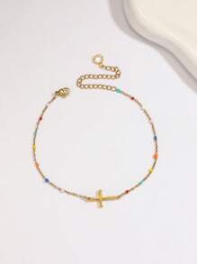 Damen Fuß Knöchelarmband in Gold mit kleinen Perlen und zufällig farbigen Perlen, einfacher Strandsommer Fußschmuck, Schmuckgeschenk