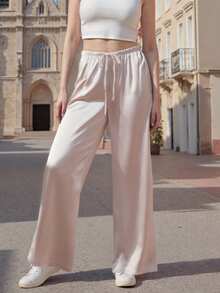 Women's Silk Wide Leg Pants Drawstring High Waist Solid Color Loose Pants Flowy Trousers - 淺灰色 - 查看 6