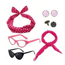 D EXCEED 6PCS Vintage 1950s Women's Accessory Collection | Retro-Inspired Prop Cat-Eye Glasses, Scarf Collar Headbands & Silk Hair Scarves With Polka Dot Stud Earrings - Perfect For Vintage-Themed Parties & Events