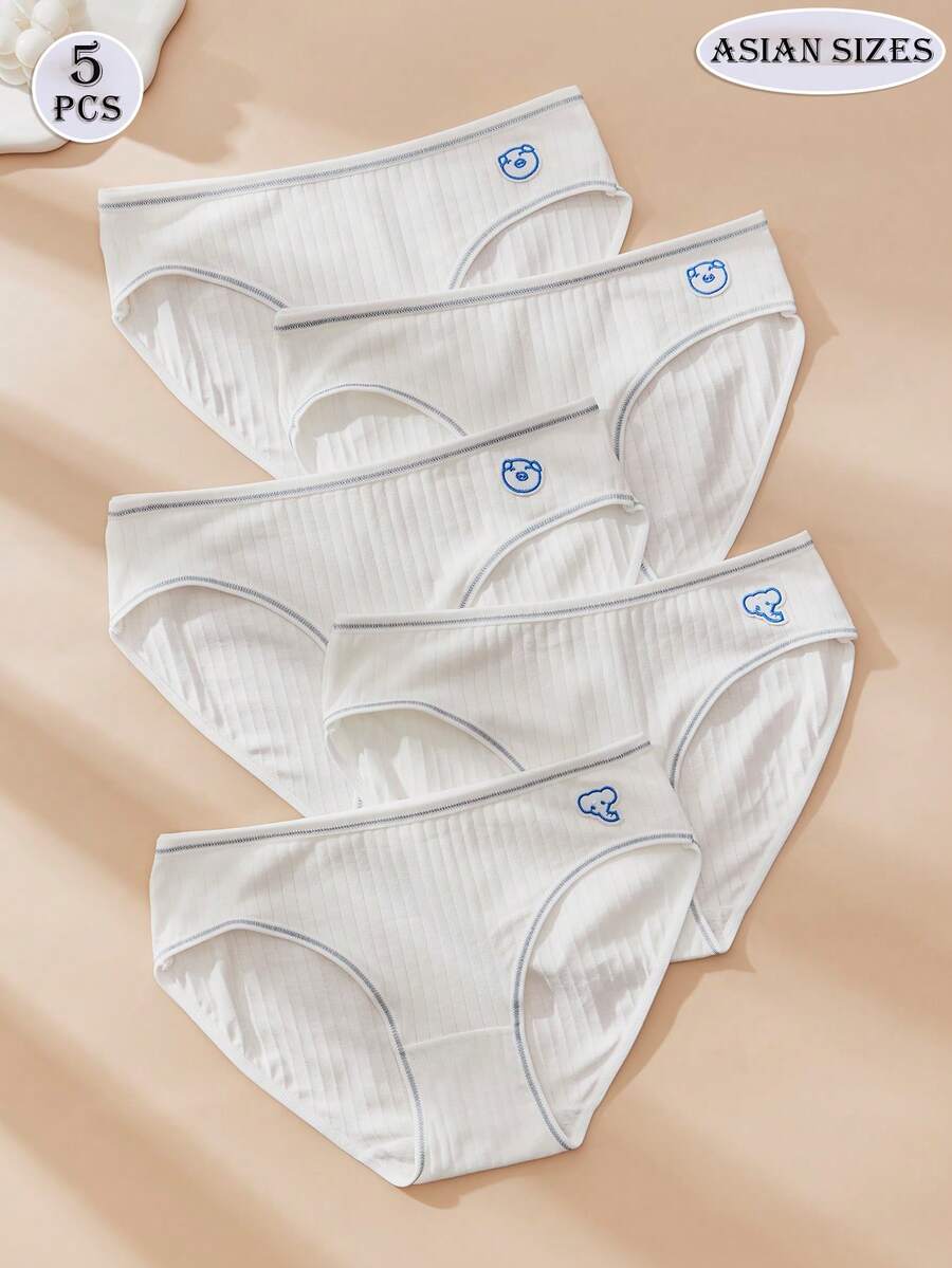 5条装女士三角裤，可爱甜美仙女风，松紧腰带，可爱小象，白色针织面料，白色内裤，多条装，日常穿着，卡通动物内裤，舒适透气 - 彩色 - 查看 1