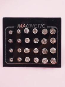 24pcs Magnetic Rhinestone Stud Earrings, Multi-Size, For Women Daily Wear
