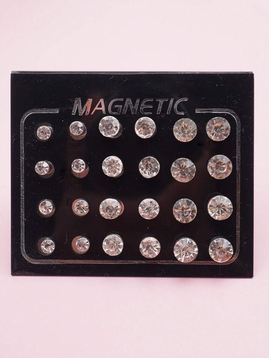24pcs Magnetic Rhinestone Stud Earrings, Multi-Size, For Women Daily Wear