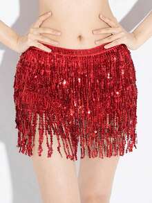 1 件女士黑色亮片流苏肚皮舞裙，时尚舞蹈腰带，夏季、秋季、万圣节