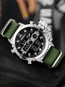 BIDEN 1件装男士户外运动数字手表，LED背光，带日历、星期、时间、定时器、防水、闹钟功能，12/24小时双显示电子石英表 - 綠色 - 查看 3