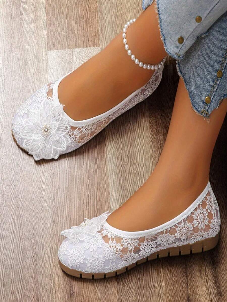 Damen Mode Stickerei Spitze Flache Schuhe mit Kristall Blumen Dekor, atmungsaktiv bequem weich Slip-On, geeignet für Alltag, Party, Date, Tanz, Strand und Urlaub, Gummisohle, Alle Jahreszeiten, Damenschuhe