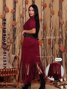 PLAIN SUEDE DRESS WITH FRINGE COUNTRY RODEO - Màu Đỏ Sâu - Xem 2