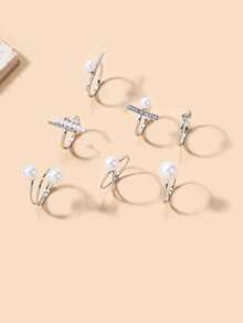 7pcs/Set Simple & Luxury Fashionable Faux Pearl & Rhinestone Open Ring Set For Women - Silver - View 3