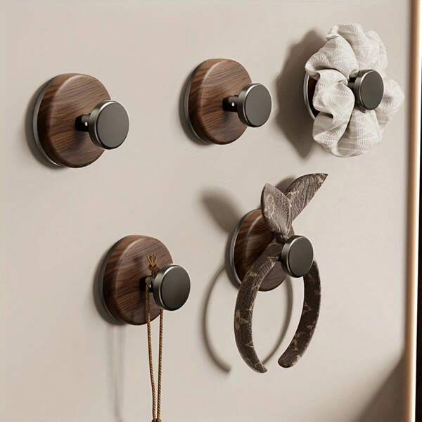 2/4pcs Walnut Wood Suction Cup Hooks - Easy To Install, Sturdy And Load-Bearing, Bonding Wall Hooks For Bathroom And Kitchen Storage, Casual Style, Bathroom Accessories | Modern Casual Style | Safe Suction Base, Bathroom Hooks, Bathroom Hooks