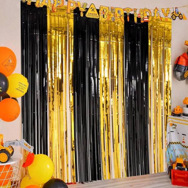 2 piezas de Cortinas con bordes en negro y dorado, cortinas metálicas de estaño para fondos de fotos, decoración brillante para fiestas de Año Nuevo, cumpleaños, Navidad, graduación, jubilación, decoraciones navideñas