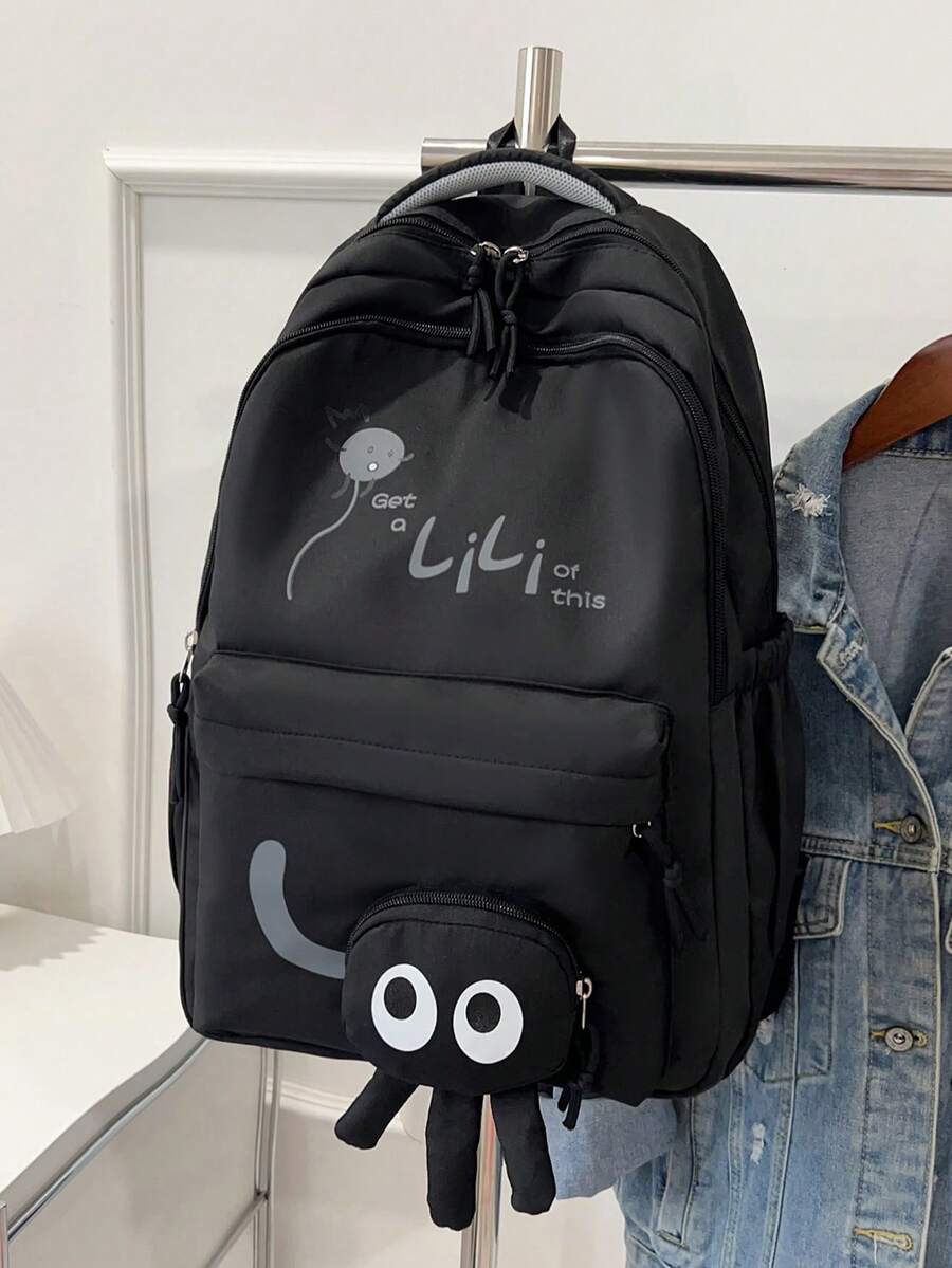 Mochilas esenciales para estudiantes de secundaria, preparatoria y universidad: de gran capacidad, con diseños lindos de dibujos animados, ideales para adolescentes - Negro - Ver 1