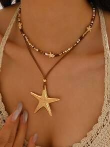 2pcs/Set Handmade Bohemian Style Beaded Necklace With Large Starfish Pendant, Fashion Versatile Choker Necklace Suitable For Daily Wear, Travel, And Parties. The Direction Of The Starfish Is Random And Not Fixed.