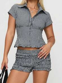 Women's Summer Plaid Print Shirt, Short Sleeve Turn Down Collar Button Down Slim Fit Blouse - 黑色 - 查看 1