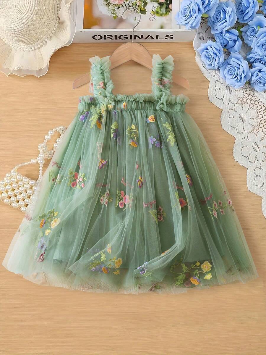 Toddler Baby Girl Slip Dress Summer Flower Embroidery Tulle Princess Dresses For Birthday Party - màu xanh lá - Xem 1
