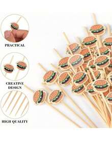 100/50 支开胃菜牙签、汉堡图案竹牙签、汉堡鸡尾酒签、鸡尾酒签棒、开胃菜花式牙签、竹鸡尾酒签、4.7 英寸竹鸡尾酒签、烤肉串水果签、早餐三明治汉堡水果和派对活动花式牙签、汉堡、水果、早餐三明治、派对和活动、木炭配件、长竹牙签、毕业装饰 2025