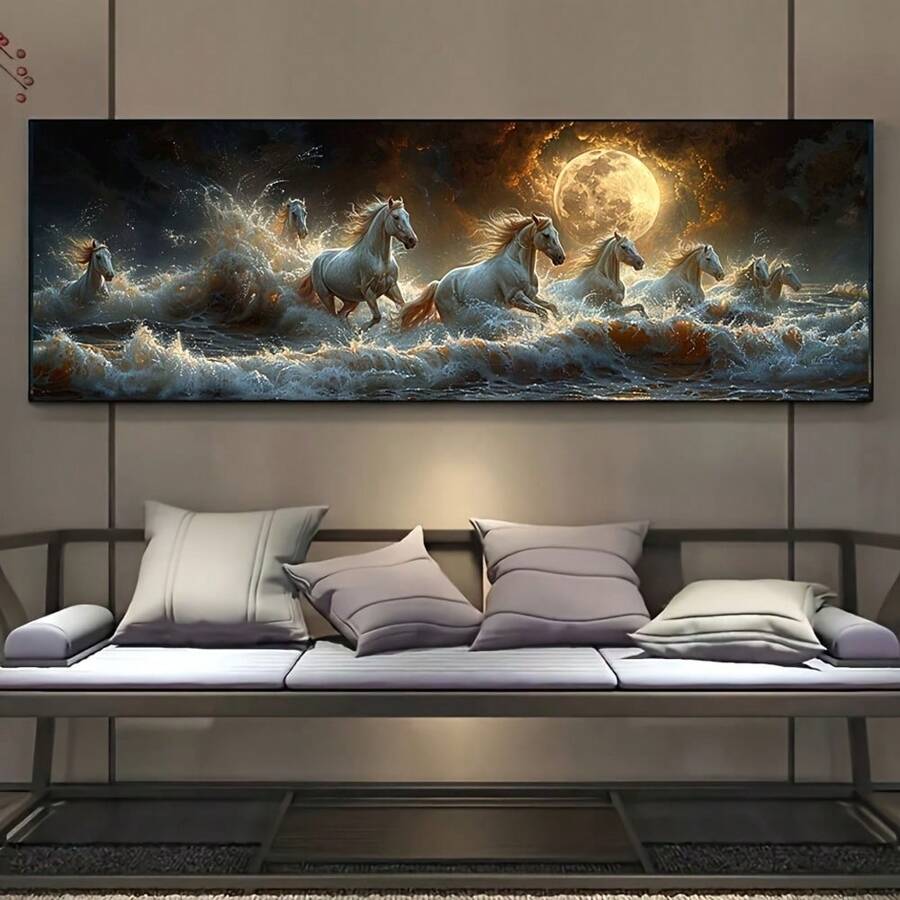 1 pieza Impresión artística en lienzo de paisaje sin marco, escenario clásico retro de caballos corriendo, fácil de colgar, versátil para uso en el hogar, oficina, cocina, baño, sala de estar, dormitorio, interior y exterior, con orientación horizontal