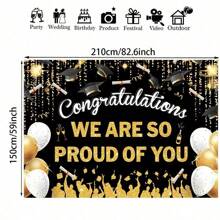 TYFYO 1pc Graduation Photography Background, Black Graduation Cap And Golden Balloon Graduation Congrats Party Banner Background