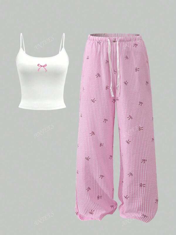 2pcs Women's White Bow Print Camisole And Pink Bow Fitted Sweatpants Set, Stylish Street Style Hip Hop Dance Casual Sporty Fashion Outfit