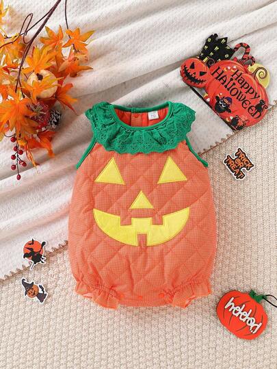 Baby Boy Halloween Orange Pumpkin Print Sleeveless Bodysuit Green Lace Collar Triangle Bodysuit