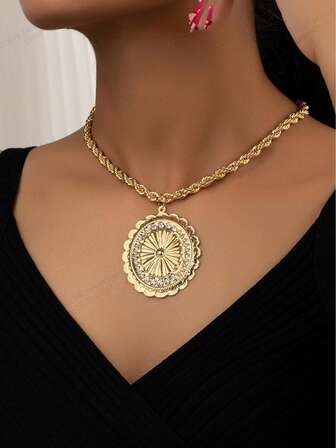 1pc Geometric Diamond Decor Chunky Chain Pendant Necklace For Women