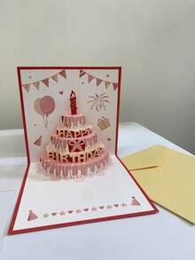1 pieza Tarjeta de felicitación de cumpleaños hecha a mano con diseño 3D emergente, con un diseño vibrante de pastel y globos con el texto "Feliz Cumpleaños", ideal para regalar a amigos y familiares, perfecta para suministros de fiesta de cumpleaños, eventos de celebración y decoración de fiesta de cumpleaños - Multicolor - Ver 8
