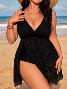 Swim Lushoire Plus Size Women's Solid Color Casual Tankini Swimsuit For Vacation Summer