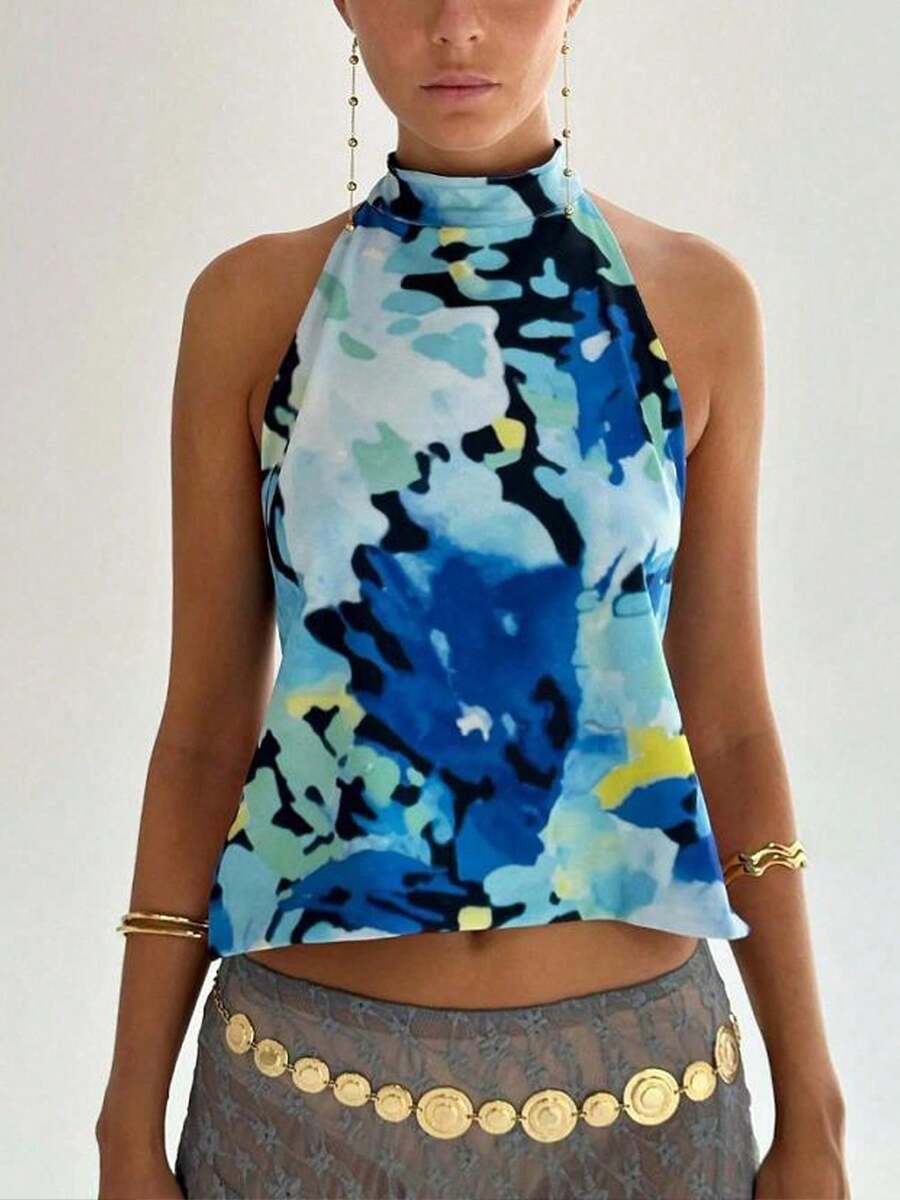 Women Y2K Halter Mock Neck Tops Dot/Floral/Tie-Dye Graphic Sleeveless Backless Crop Tank Tops Sexy Open Back Off The Shoulder Vests Shirts Summer Going Out Tops Club Party Streetwear - Màu xanh lam - Xem 1