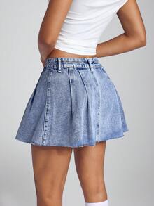 Jeanoix Denim Rock mit Lässig Knopfleiste, plissiertem Detail und Rohkante-Abschluss - Mittele Waschung - Übersicht 2