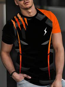 Black Background With Bright Orange Striped Short Sleeve Tee, Unique Lightning Bolt Graphic Street Style Stylish Short Sleeve T-Shirt - Black - View 2