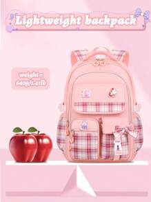 3-Piece Set: Bowknot Girl Backpack, Lunch Box Bag, Pencil Case, Polyester Plaid Pattern, Multi-Pocket, Large Capacity, Student School Backpack With 3 Detachable Badges, Back To School Essentials, Suitable For School And Travel