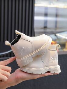 1 双儿童秋冬新款侧拉链刺绣靴，时尚百搭女童刺绣户外防滑靴 - 米色 - 查看 4