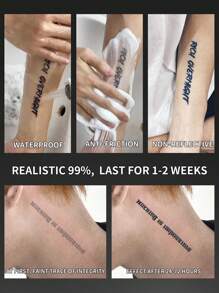 1 pièce Faux tatouage temporaire Tatouage semi-permanent lettres anglaises Imperméable et anti-transpiration Dure 1-2 semaines Juice herbalee réaliste Anti-friction et non réfléchissante Noire Pour les femmes et les hommes Stickers de tatouage pour bras, poitrine, jambe, abdomen, taille, doigt, cou, épine dorsale, art corporel moderniste