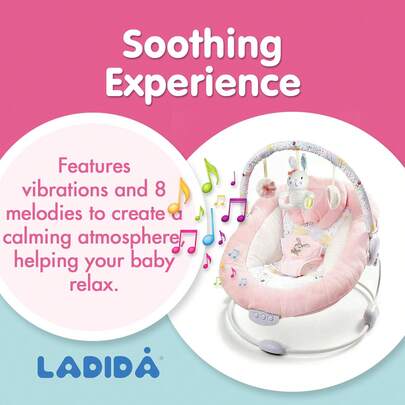  LADIDA Soft Padded Bouncer – Soothing Music And Gentle Vibration, Pretty Pink Rabbit Theme