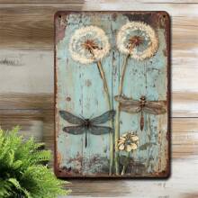 [Rustic Wooden Dandelion Wall Sign] Rustic Wooden Dragonfly And Dandelion Wall Art, 8x12 Inches - Antique Metal Decorative Sign With 3D Insects, Farmhouse Style For Kitchens And Cafes