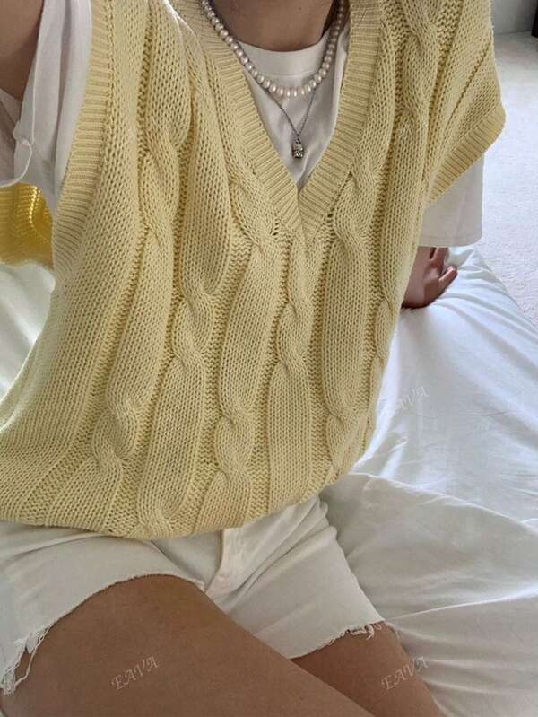 Women's Solid Color Loose Fit V-Neck Sleeveless Knitted Sweater Vest