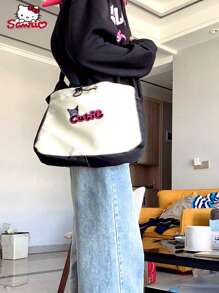 1PC Sanrio Kulomi Casual Canvas Tote Bag With Drawstring Tightening Design For Shoulder Crossbody Bag, Suitable For Daily Commuting Storage Use